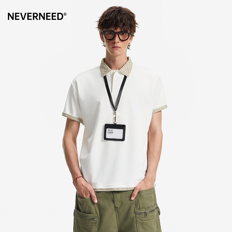 Neverneed Patchwork Plaid Lapel Polo Shirt for Men and Women, Summer American Retro Vibe Couple Half-Sleeve Top