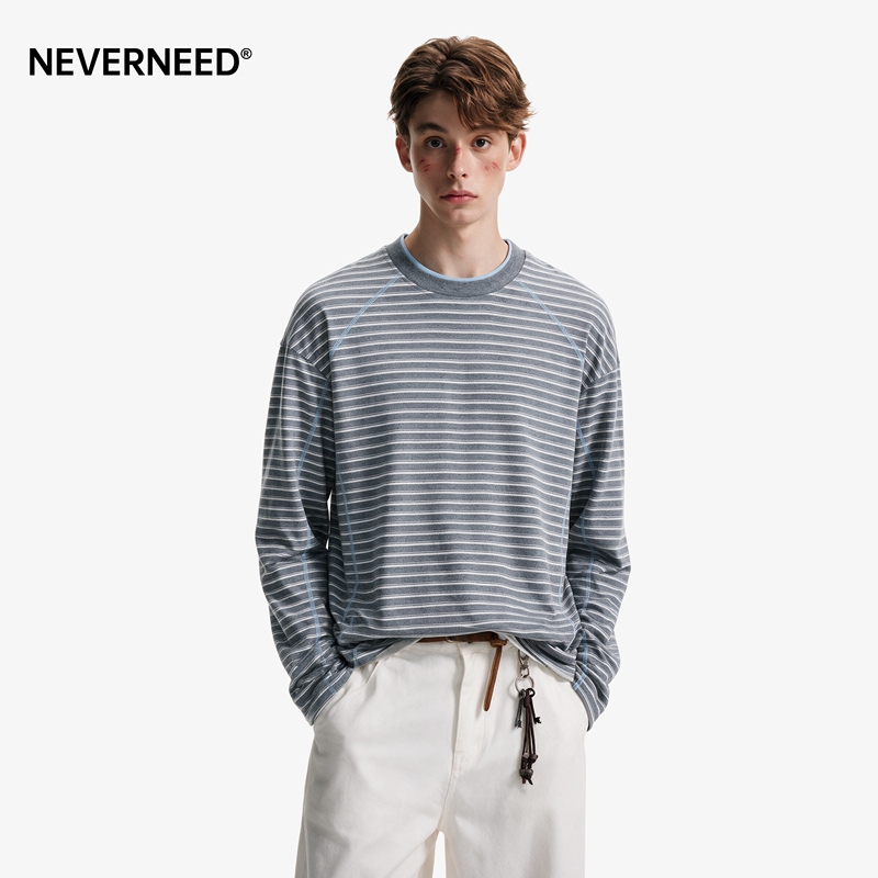 Neverneed Color-Blocked Striped Crew Neck T-Shirt for Men and Women, Autumn American Retro Casual Couple Base Shirt Trendy Neverneed Color-Blocked Striped Crew Neck T-Shirt for Men and Women, Autumn American Retro Casual Couple Base Shirt Trendy