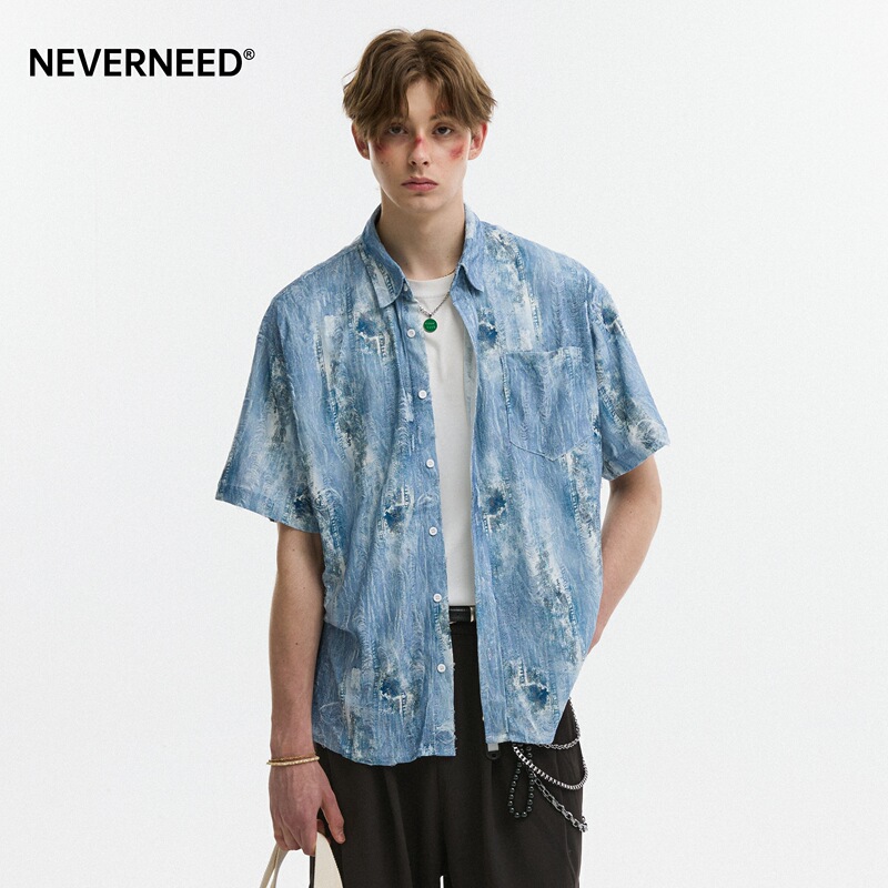 Neverneed Washed Tie-Dye Ripped Denim Shirt for Men and Women, Summer American Casual Couple Short-Sleeve Shirt, Trendy