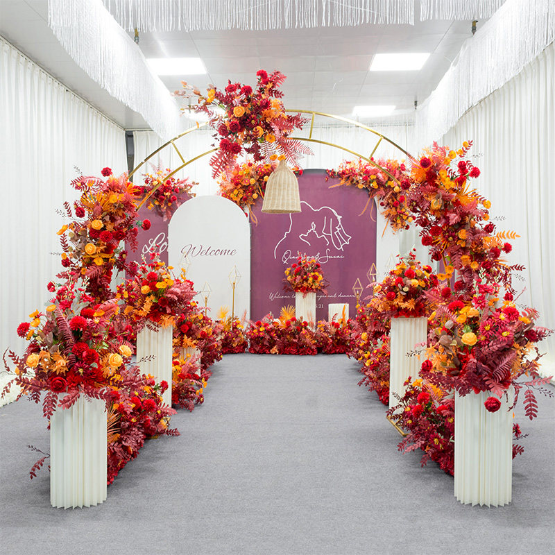 New Chinese red wedding decoration floral props Wedding background wall Welcome area Stage decoration Road leading flowers row flowers