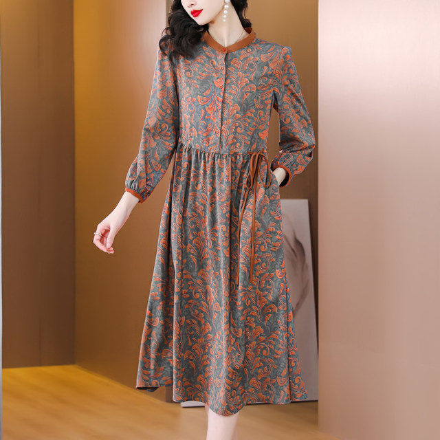 Middle-aged mother high-end western style Hangzhou brand silk dress spring mulberry silk age-reducing temperament printed skirt