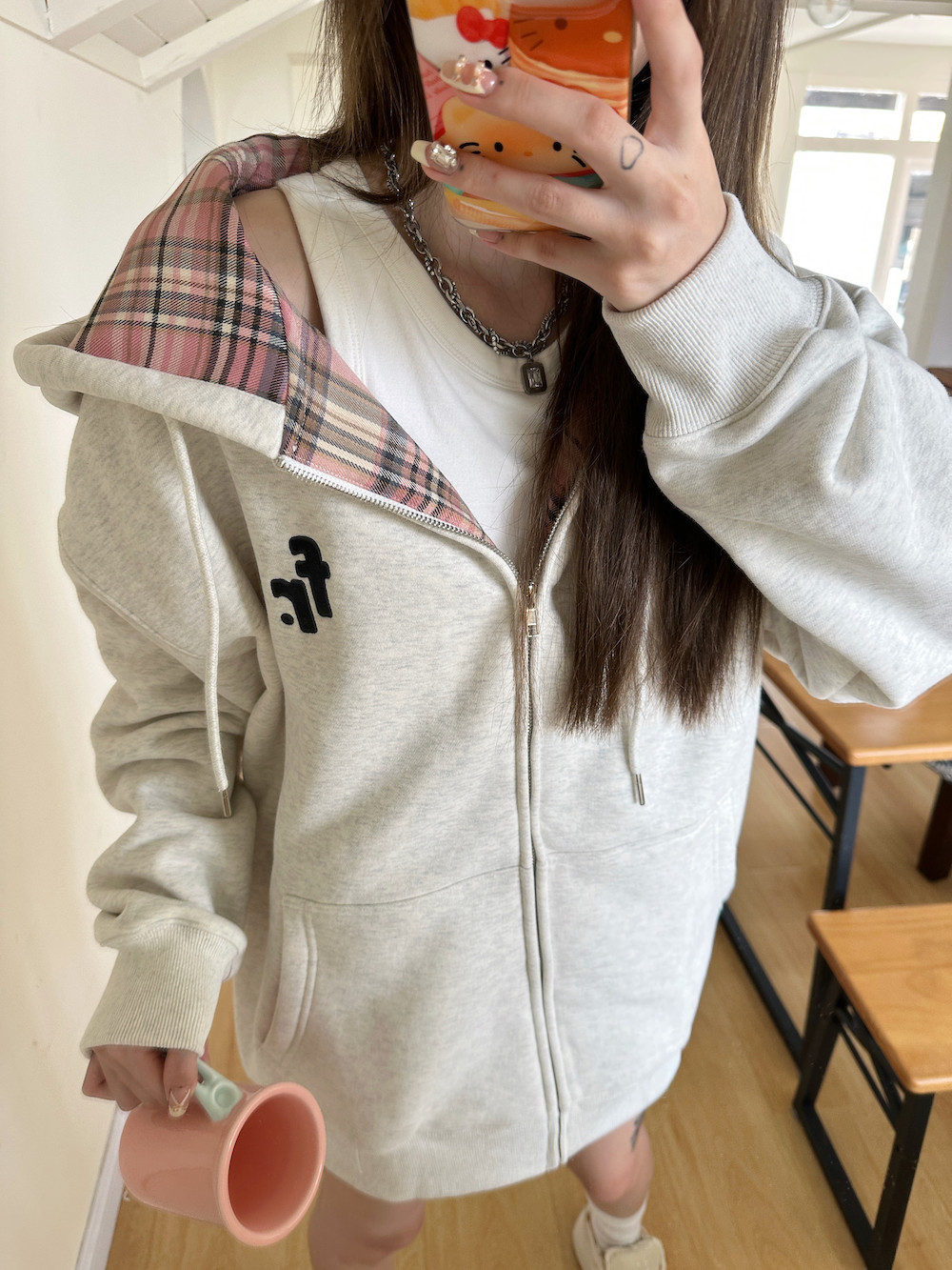 FOURSIS original plus suede grey Grey Hit with Striped Zipper Cap Shirt Loose Casual Even Hat Cardiff Woman-Taobao