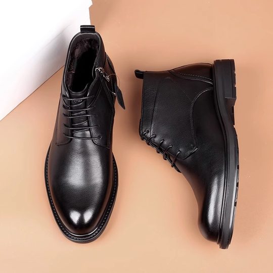 沙驰男鞋冬季高帮纯羊毛皮靴皮毛一体商务马丁靴子加绒皮鞋大棉鞋