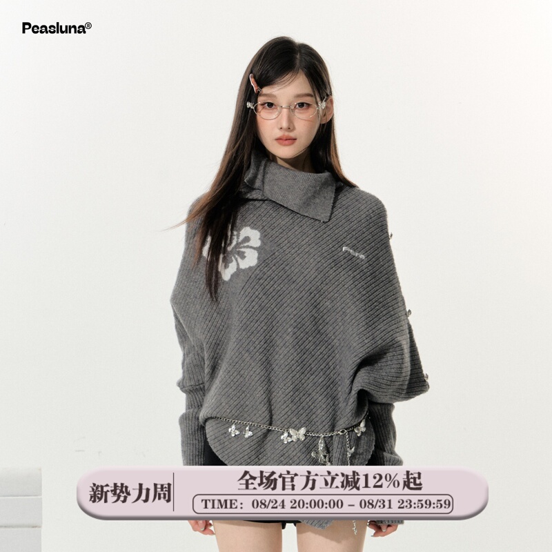 Peasluna Korean Style Floral Asymmetrical Cape Turtleneck Sweater Niche High-End Knitwear Autumn and Winter Top for Women Peasluna Korean Style Floral Asymmetrical Cape Turtleneck Sweater Niche High-End Knitwear Autumn and Winter Top for Women