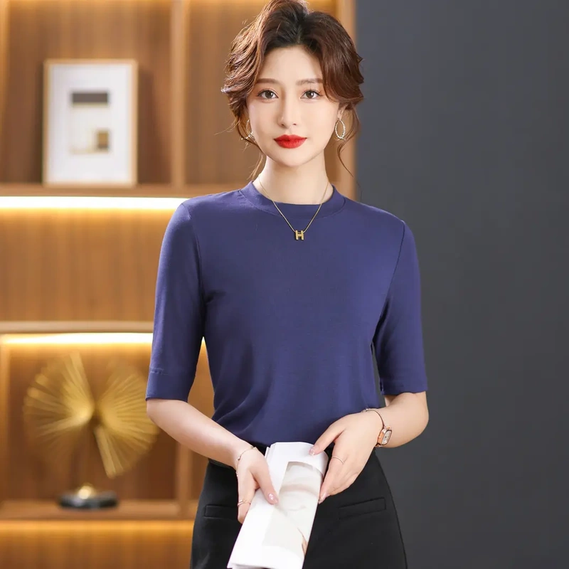 Nai Kailun [Exclusive Store] Women's 5/4 Sleeve Stand Collar T-Shirt, Spring/Summer Thin Slim Fit Base Shirt, Short Sleeve Inner Layer