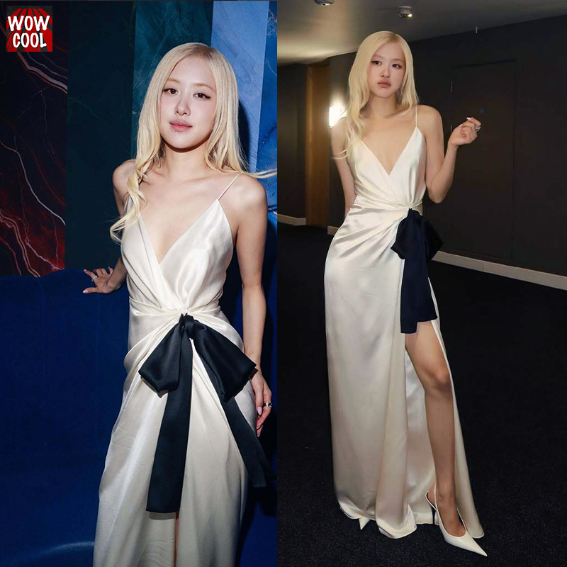 Rose Park Chae Young's Same Style White Spaghetti Strap Dress with Slit and Black Bow, Sexy 2026 Women's Clothing