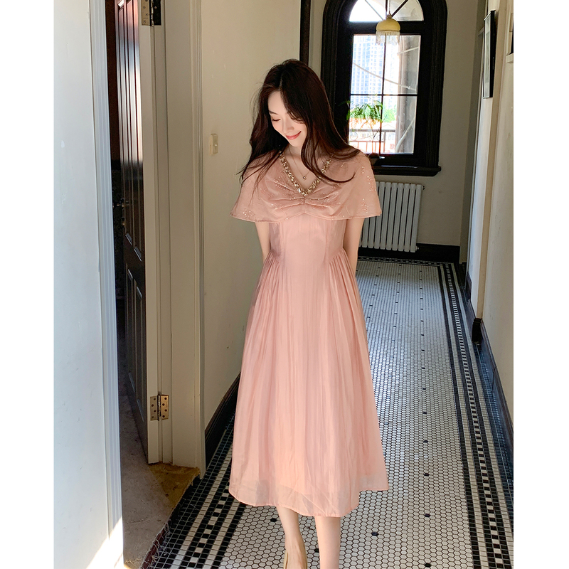Gertcorel2026 New Summer Tencel Fake Two-Piece Cloud Shoulder Patchwork Super Pretty Pink Dress for Women Gertcorel2026 New Summer Tencel Fake Two-Piece Cloud Shoulder Patchwork Super Pretty Pink Dress for Women