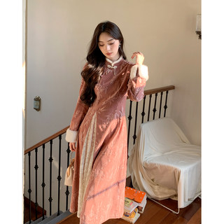 Gertcorel2025 neues winter-taillen-cheongsam-langrock-temperament hellrosa chenille-kleid für frauen