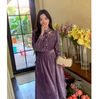 Gertcorel2025 new winter new chinese style waist long skirt temperament dark purple chenille dress for women