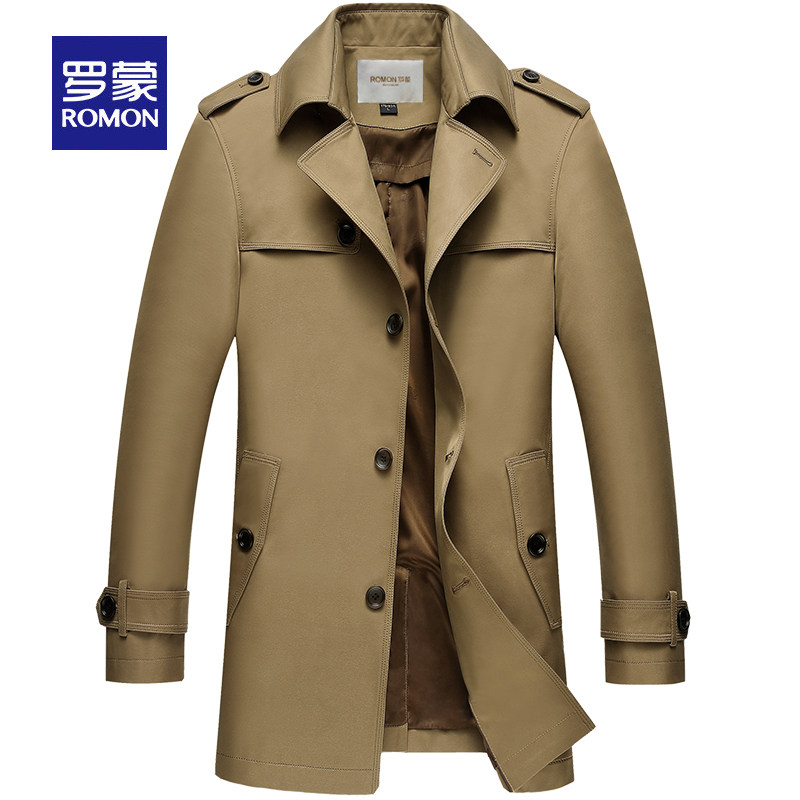 Romon 罗蒙 春秋季 修身男士中长款风衣 天猫优惠券折后￥198包邮（￥298-100）黑色、藏青、卡其三色可选