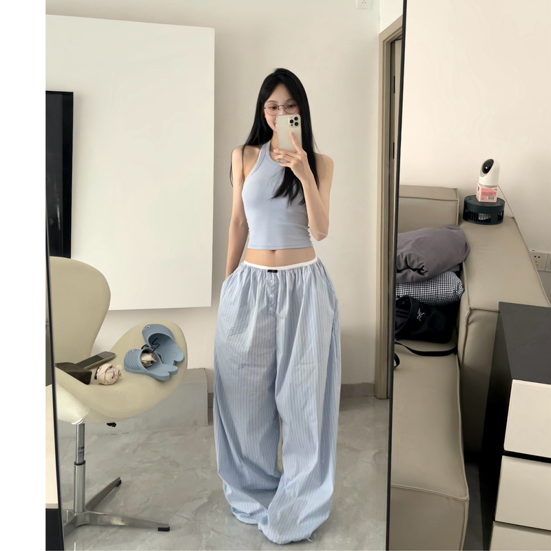 Fish Three American-Style White and Blue Striped Casual Pants, Loose and Relaxed, Elastic Waist with Drawstring, Unique Design, Versatile Long Pants