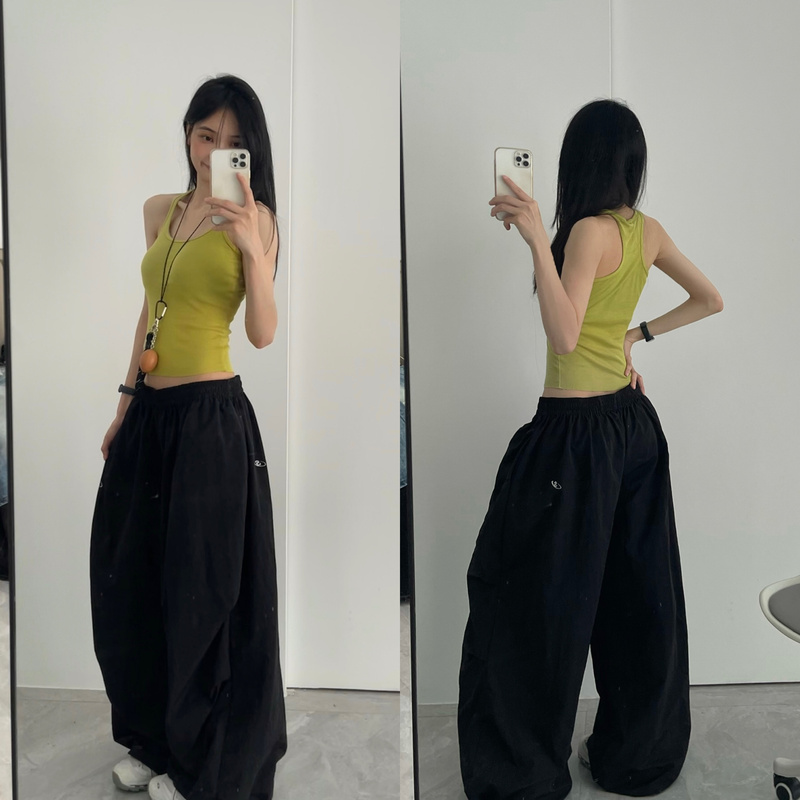 Yusan Summer Quick-Dry Solid Color Parachute Cargo Pants Elastic Waist Drawstring Loose Pleated American Style Cargo Trousers
