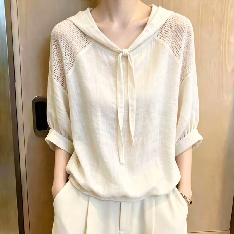 2026 New Summer Style Commuter Style Hooded Lace-Up Tops for Women, Fashionable, Lightweight, Slimming, Loose-Fitting, Versatile Tops 2026 New Summer Style Commuter Style Hooded Lace-Up Tops for Women, Fashionable, Lightweight, Slimming, Loose-Fitting, Versatile Tops