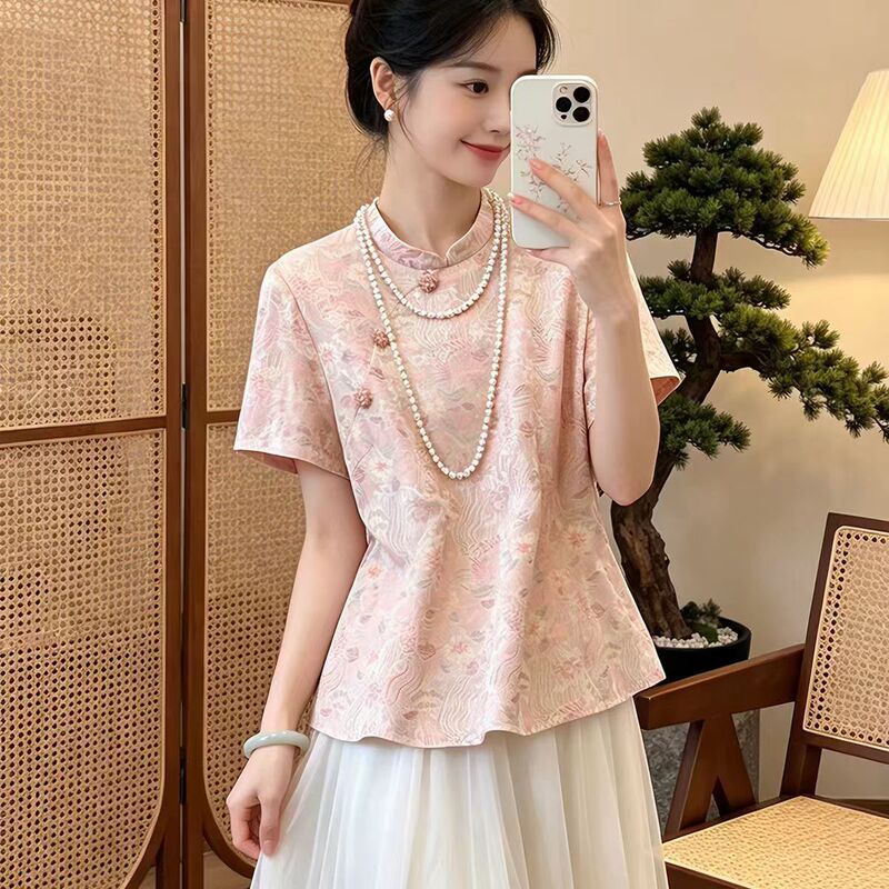 New Chinese-Style Floral Shirt for Women, Summer New Short-Sleeve Stand-Collar Loose Fit, Age-Reducing Gentle Style, Traditional Chinese Style Thin Top New Chinese-Style Floral Shirt for Women, Summer New Short-Sleeve Stand-Collar Loose Fit, Age-Reducing Gentle Style, Traditional Chinese Style Thin Top