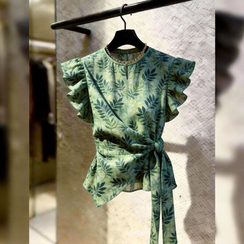 French-Style Ruffled Sleeve Green Top for Women, Fashionable Casual Chic Design, Unique Tie-Up Slimming Elegant Tank Top