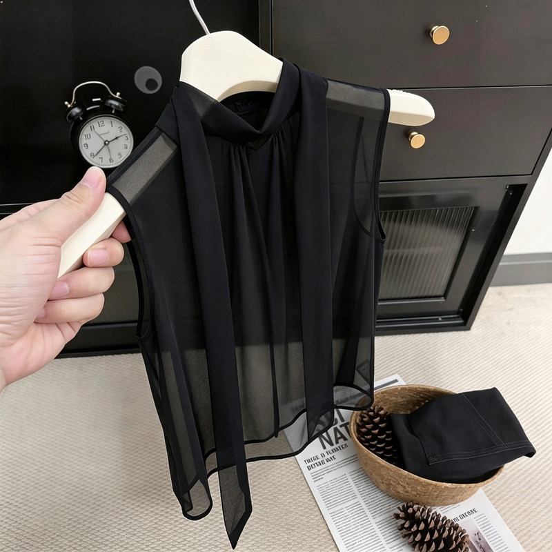 French-Style Elegant Black Tie-Neck Sleeveless Shirt for Women, 2026 Summer New Model with Flowing Collar, Versatile Inner Top French-Style Elegant Black Tie-Neck Sleeveless Shirt for Women, 2026 Summer New Model with Flowing Collar, Versatile Inner Top