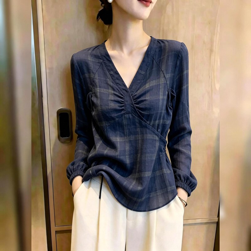 Commuter Style Cross-Collar Plaid Top for Women in Dark Blue, High-End and Elegant Early Autumn Shirt, Gentle and Stylish Commuter Style Cross-Collar Plaid Top for Women in Dark Blue, High-End and Elegant Early Autumn Shirt, Gentle and Stylish