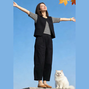 High-End Women's Fashion Minimalist Style Three-Piece Set 2026 Summer Striped Short-Sleeve T-Shirt Black Vest Casual Pants Trendy