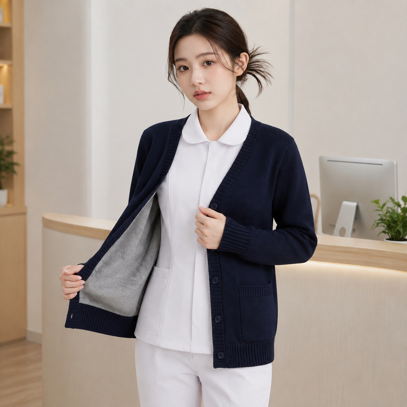 Nurse Wool Sweater Autumn and Winter Women's Cardigan Work Uniform Fleece-Lined Thickened Knitwear Medical Beauty Uniform
