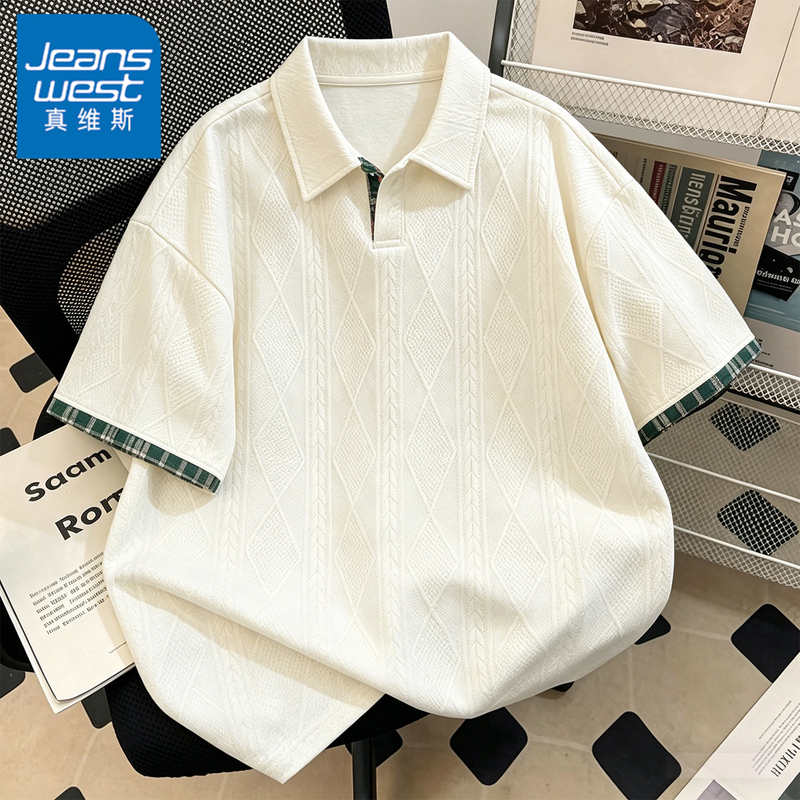 Jeanswest Textured Color-Blocked Jacquard T-Shirt for Men, Summer Breathable Loose Casual Short-Sleeve Polo Shirt Jeanswest Textured Color-Blocked Jacquard T-Shirt for Men, Summer Breathable Loose Casual Short-Sleeve Polo Shirt