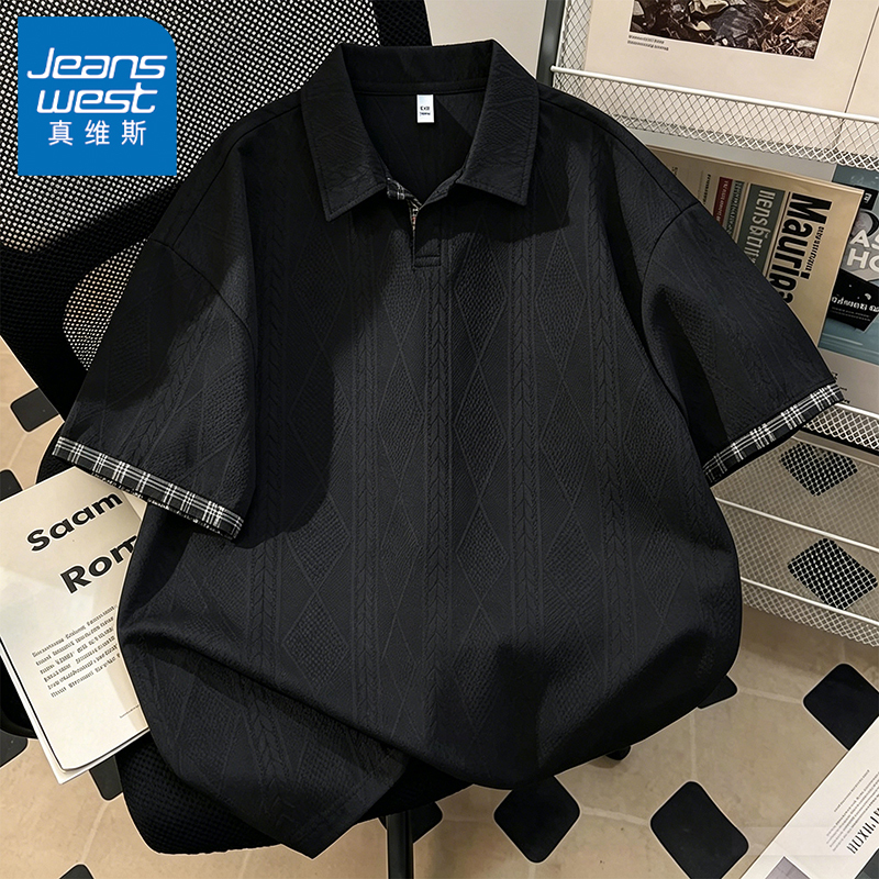 Jeanswest Textured Lapel Short-Sleeve Polo Shirt for Men, Summer Breathable Loose Casual Thin T-Shirt Top