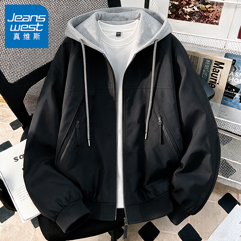 Jeanswest American-Style Trendy Brand Hooded Jacket for Men, Autumn Loose Casual High-End Cool Jacket Outerwear