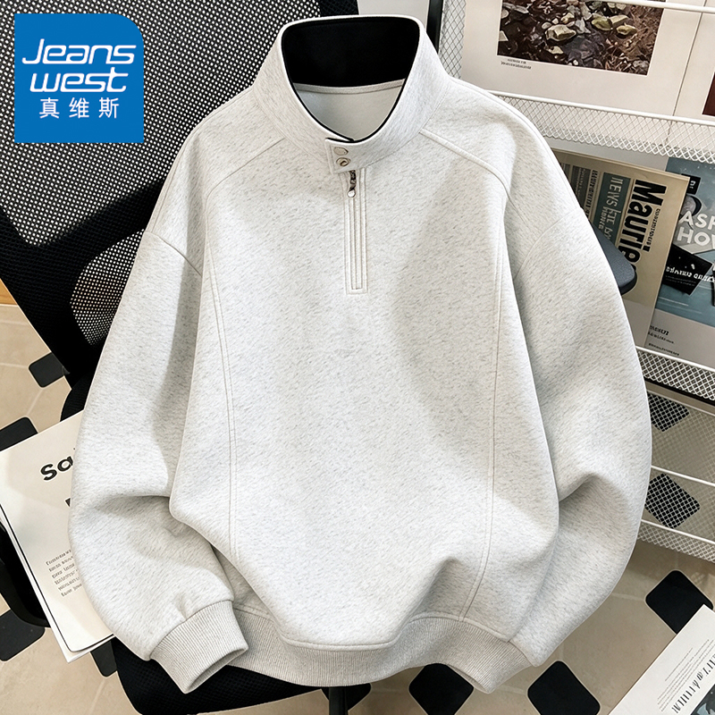 Jeanswest American-Style Trendy Half-Zip Stand Collar Sweatshirt for Men, Autumn Loose Casual Versatile Pullover Top Jeanswest American-Style Trendy Half-Zip Stand Collar Sweatshirt for Men, Autumn Loose Casual Versatile Pullover Top