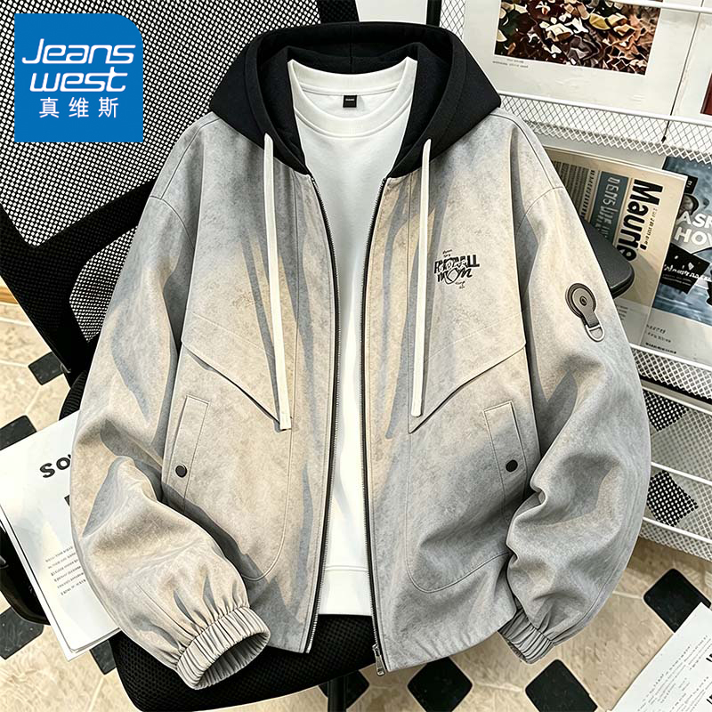 Jeanswest Trendy Brand High-End Zip-Up Hooded Leather Jacket for Men, Autumn American Casual Loose Fit Cool Jacket Top