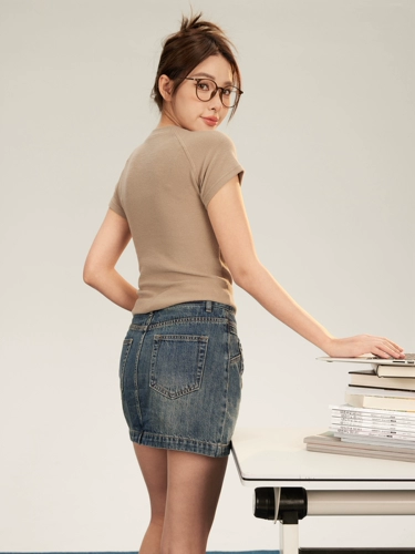 Летнее ретро защитное белье, джинсовая юбка, высокая талия, А-силуэт, с акцентом на бедрах