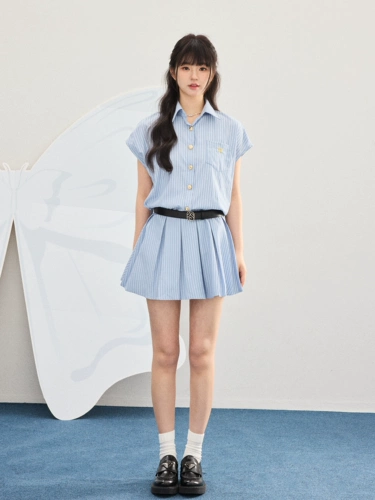 Летнее синее платье, юбка, воротник поло