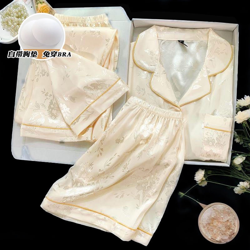Three-Piece Pajamas with Breast Pads for Women, Summer Ice Silk Short-Sleeved Satin 2026 New Style, High-End Champagne Chinese Style Home Wear