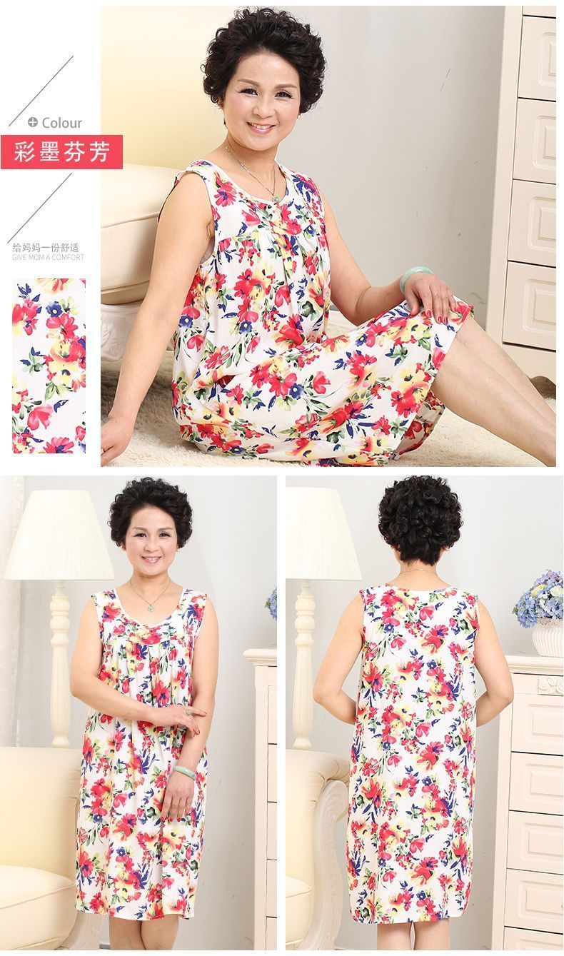 Váy ngủ mùa hè của mẹ chồng nữ cộng với chất béo cộng với kích thước bà già bà già cotton lụa ở nhà váy nữ không tay - Đêm đầm