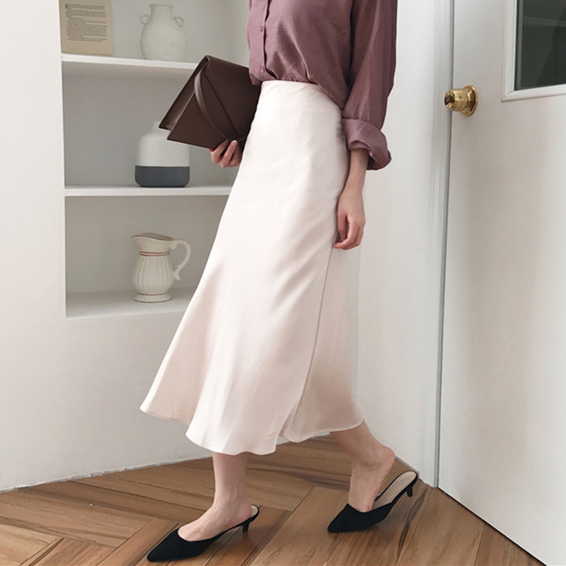 Ins gentle wind high waist thin solid color all-match A-line skirt mid-length skirt
