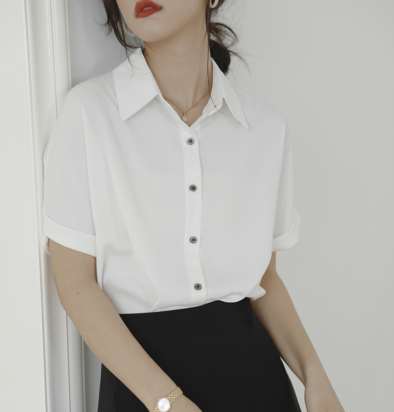 White Shirt Woman Summer Short Sleeve Design Sensation Small Crowdsourced style retro snow spinning blouses for work clothes Temperament 100 Hitch Lining