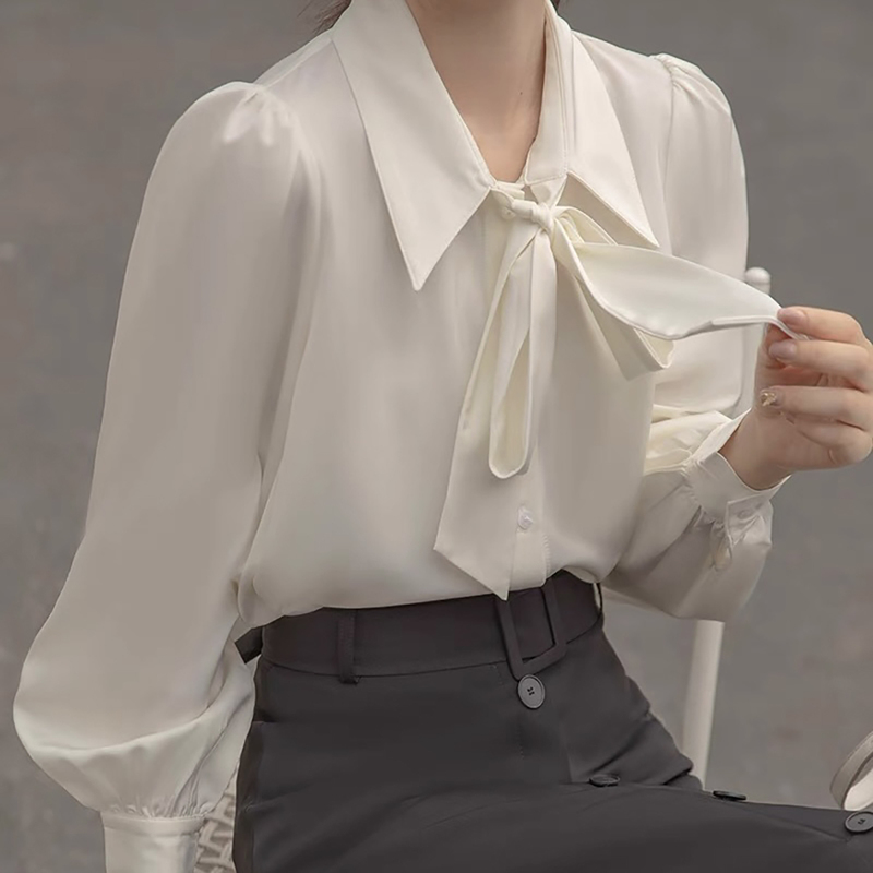 Lantern Sleeve Spring and Autumn Bow Tie Shirt, White Commuter Shirt for Women, French Style Ribbon Design, Professional Inner Wear Top Lantern Sleeve Spring and Autumn Bow Tie Shirt, White Commuter Shirt for Women, French Style Ribbon Design, Professional Inner Wear Top