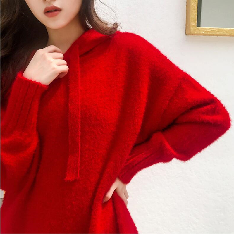 2020 new autumn and winter mink velvet jacket lazy sweater skirt medium long version sweater female hooded sweater sweater