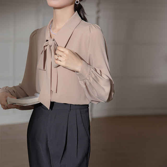 Pink bow puff sleeve shirt casual professional commuting simple all-match loose top ribbon long-sleeved shirt