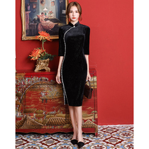 Velvet qipao 2022 The new young girls black improved everyday can be worn in a long style with a dress in spring and summer