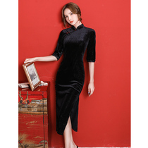 Qipao 2022 new improved black velvet long style retro dress Chinese wind young girl spring summer