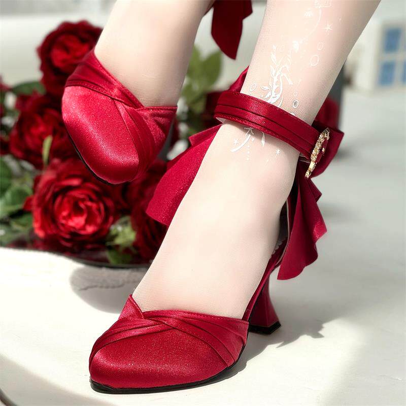 Crowned Akita Original High-Heeled Bow Single Shoes Lolita Sandals Women's Shoes Elegant Lolita Shoes Wedding Shoes Mature Style