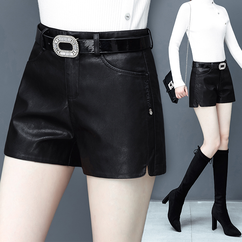 A word leather shorts women's 2019 new autumn Korean edition loose PU leather pants women's earth shorts wear autumn and winter boots and pants tide