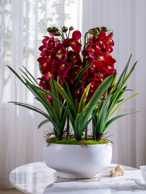 High-end 2026 new simulation feel Cymbidium orchid fake flower decoration plastic flower arrangement living room TV cabinet decoration bonsai