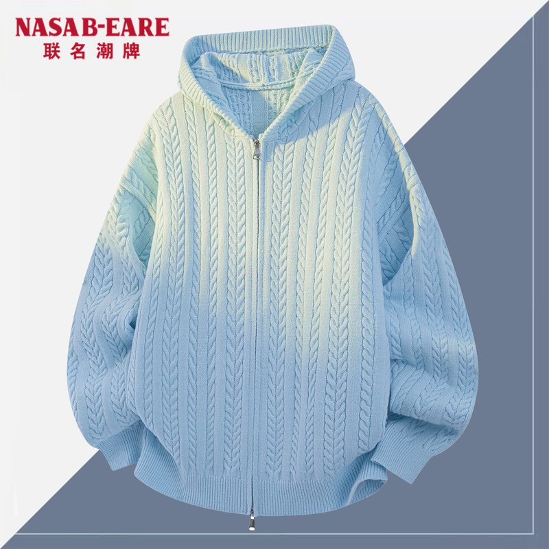 Nasab-Eare Twist Pattern Couple Cardigan Sweatshirt with Hood, Loose Fit, ins Double Zipper Sweater Jacket for Men and Women