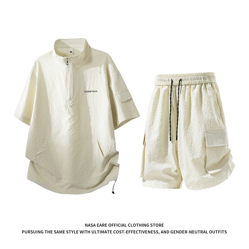 Nasab-Eare American-Style Ootd Casual Sports Suit for Men, Summer Ice Silk Workwear Half-Zip T-Shirt Set