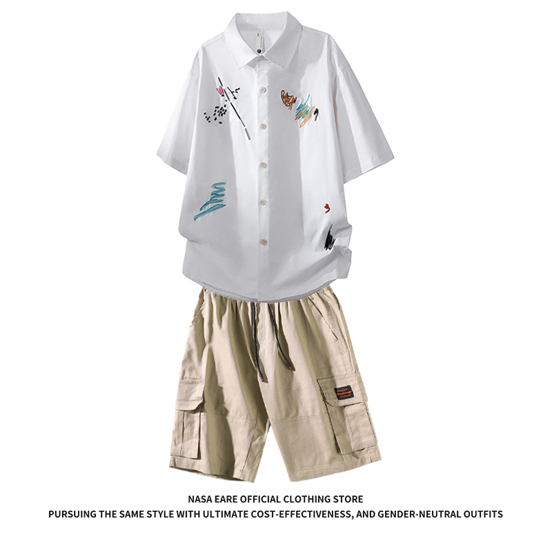 Nasab-Eare Summer Heavy-Duty Pure Cotton Shirt Set for Men and Women, Embroidered Short-Sleeve Shirt with Lapel Collar and Workwear Five-Point Pants