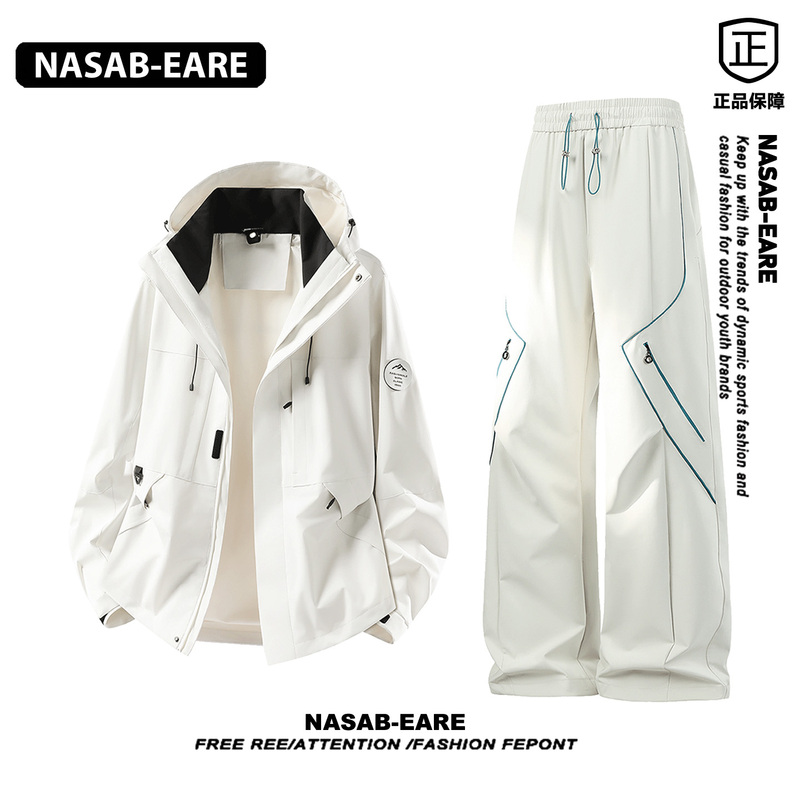 Nasab-Eare White Functional Mountaineering Jacket Set for Men, Windproof and Rainproof, Outdoor Hiking Complete Set Nasab-Eare White Functional Mountaineering Jacket Set for Men, Windproof and Rainproof, Outdoor Hiking Complete Set