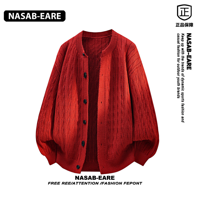 Nasab-Eare Zodiac Year Red Cardigan Sweater for Men, Autumn High-End Lazy Style Twist Knit Sweater Jacket