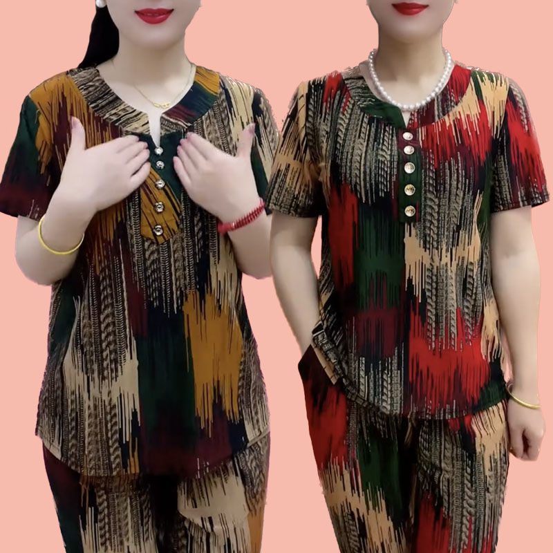 Summer New Ice Silk Short-Sleeved Suit for Middle-Aged and Elderly People, Two-Piece Set, Loose and Fashionable Large Size Top for Mothers Aged 50-60 Summer New Ice Silk Short-Sleeved Suit for Middle-Aged and Elderly People, Two-Piece Set, Loose and Fashionable Large Size Top for Mothers Aged 50-60