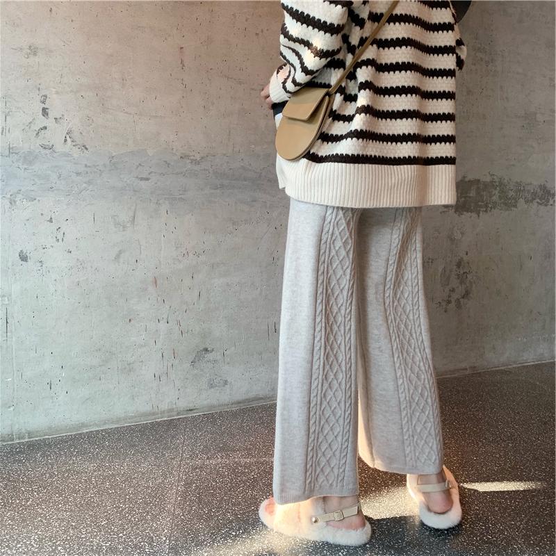 Pants women's autumn and winter college style elastic waist thin all-match loose high waist straight twist casual knitted wide leg pants