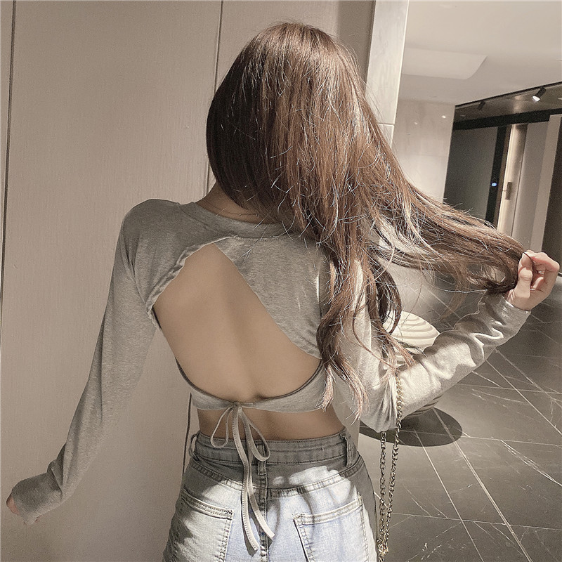 Autumn and winter bottoming shirt slim top short design sense strap sexy open vest machine long-sleeved T-shirt female ins super hot